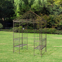 Rustic Brown Garden Gazebo with Built-In Benches